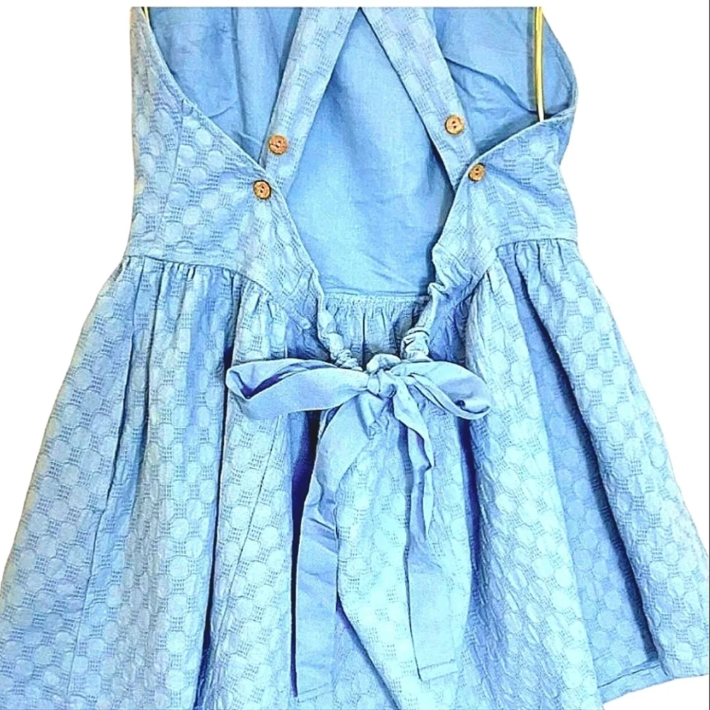 FREE PEOPLE VaVa Volume Mini Dress Blue Egret Jacquard Criss-Cross Strap XS NWOT - Picture 9 of 13